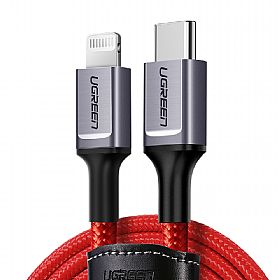 綠聯 1M MFi蘋果官方認證USB Type-C to Lightning 3A快充傳輸線 收納皮帶RED BRAID版