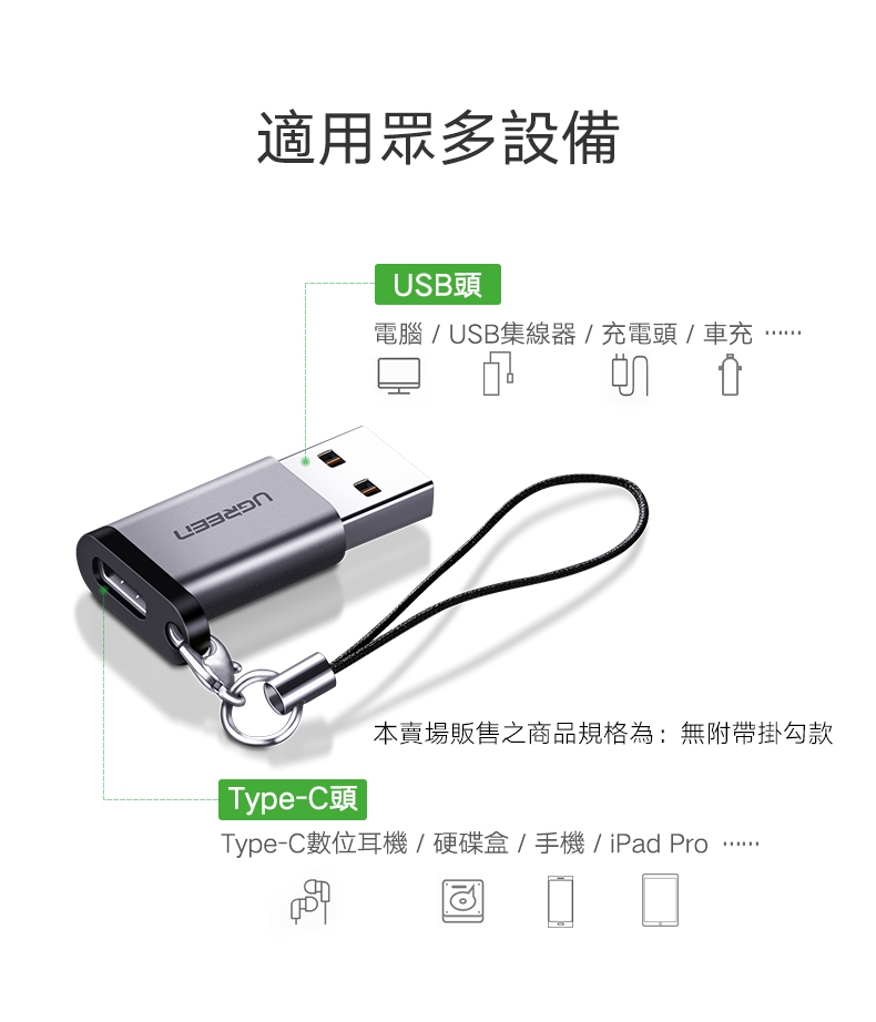 綠聯 USB 轉 Type-C 轉接頭 支援3A/5Gbps 金屬版 無掛勾款適用多種設備，包含USB插孔的桌機、USB集線器、充電頭、車充及Type-C接頭的耳機、行動硬碟、手機、iPad Pro