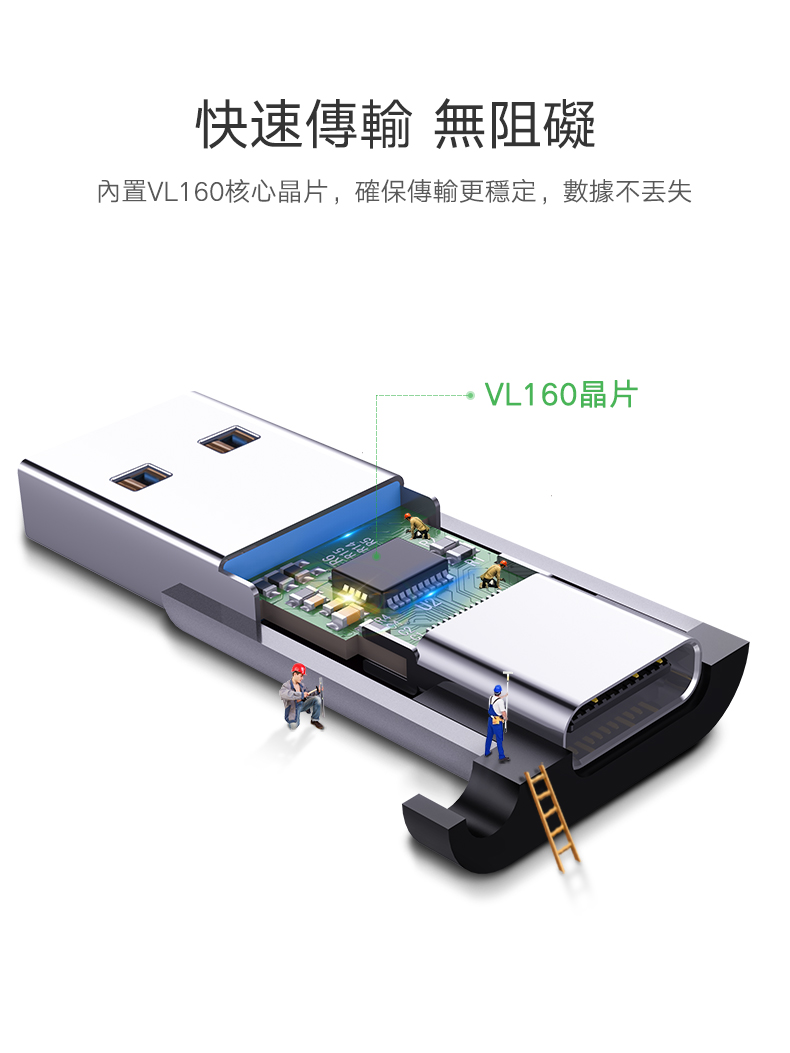 綠聯 USB 轉 Type-C 轉接頭 支援3A/5Gbps 金屬版 無掛勾款內建VL160晶片，傳輸更穩定