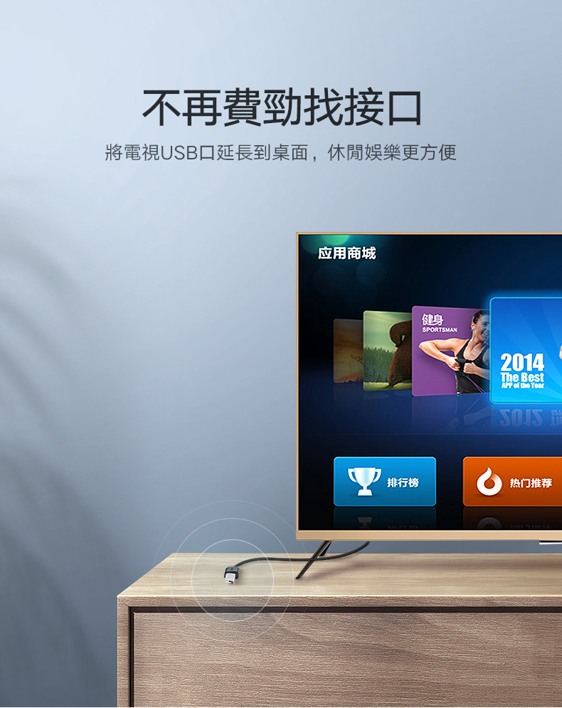 綠聯 USB3.0延長線可將電視USB插孔延伸到桌面，休閒娛樂更方便