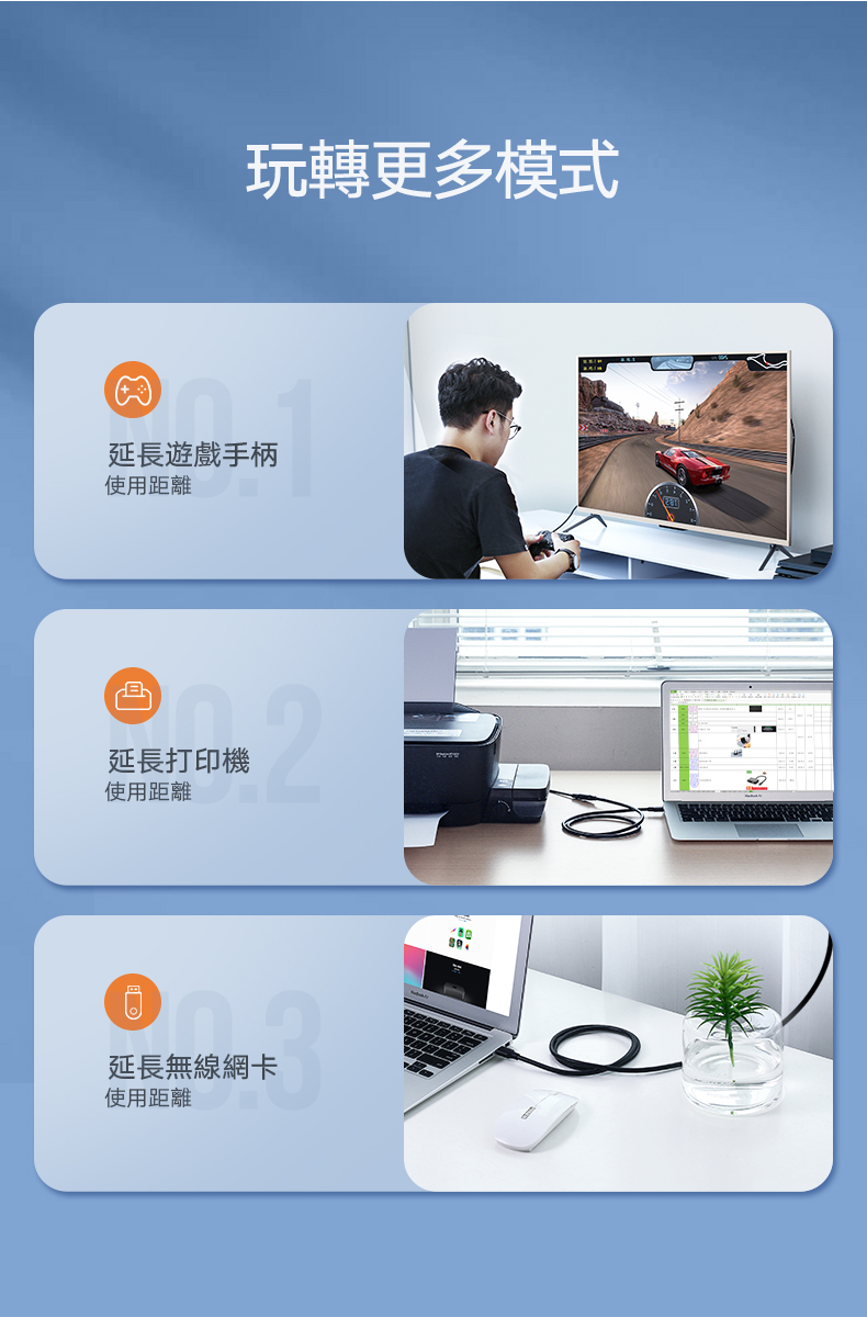 綠聯 USB3.0延長線可延長遊戲手把、影印機、無線網卡