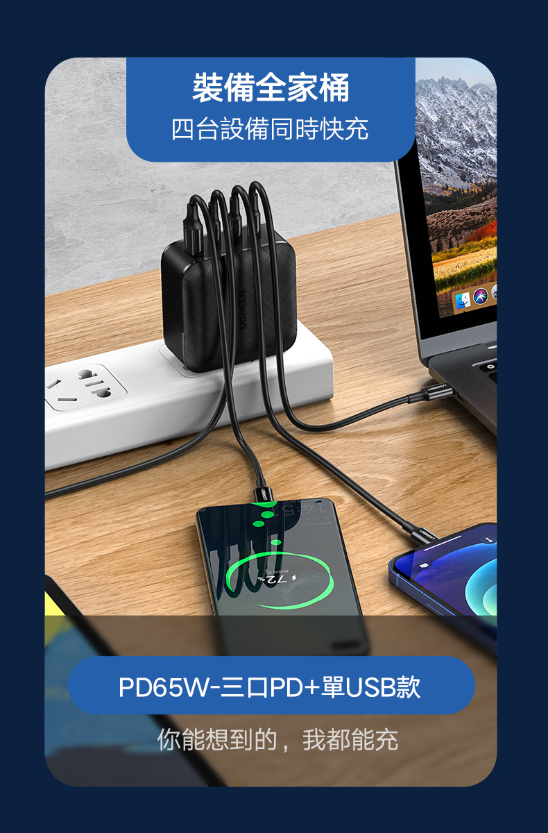 綠聯 65W 氮化鎵 GaN Type-C USB 四孔 PD 快充充電器 3C1A可同時快充四台設備