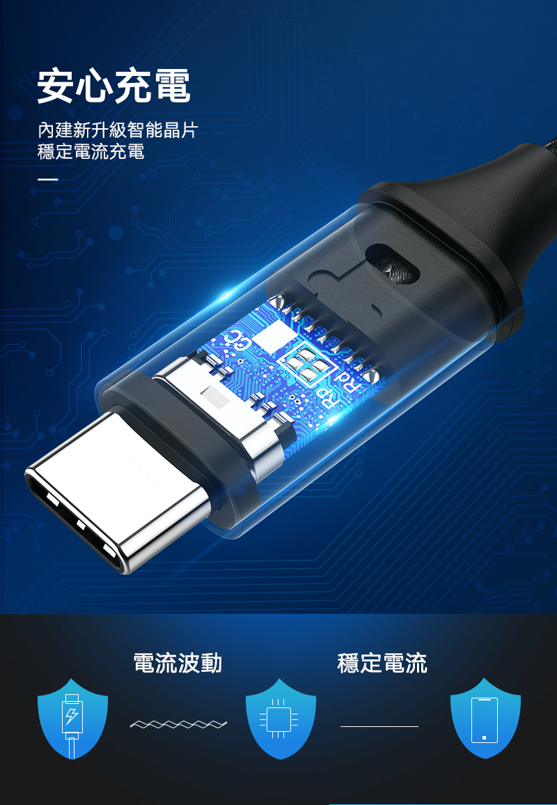 綠聯USB-C/Type-C 3A快充傳輸線 公對公傳輸線 60W快充 金屬編織版內建新升級智能晶片，可穩定充電電流，使用更安心