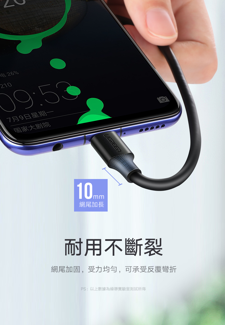 綠聯 USB-C/Type-C快充傳輸線 升級版網尾加長10mm，耐用不斷裂，可承受反覆彎折