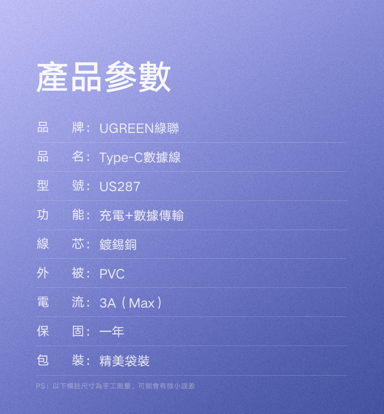 綠聯 USB-C/Type-C快充傳輸線 升級版產品詳細規格資訊