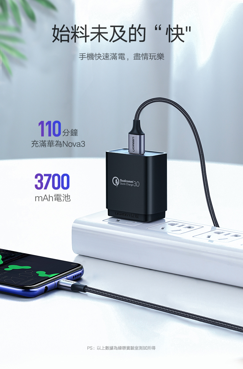 綠聯 USB Type-C快充傳輸線 Aluminum  BRAID版110分鐘可充滿華為Nova3
