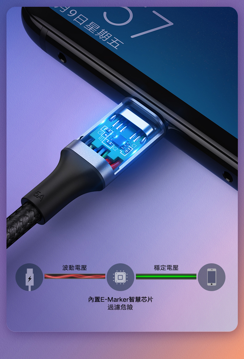 綠聯 PD 100W 5A快充電線/傳輸線Type-C對Type-C金屬殼編織線內建E-Marker晶片，能穩定電壓、過濾危險