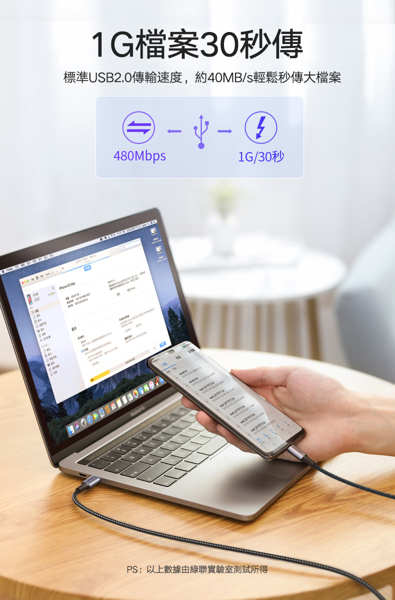 綠聯 PD 100W 5A快充電線/傳輸線Type-C對Type-C金屬殼編織線支援標準USB 2.0傳輸速度，每秒可傳送40MB