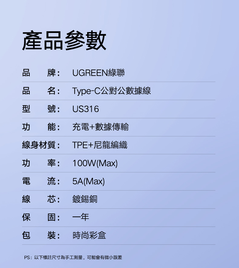 綠聯 PD 100W 5A快充電線/傳輸線Type-C對Type-C金屬殼編織線產品詳細資訊