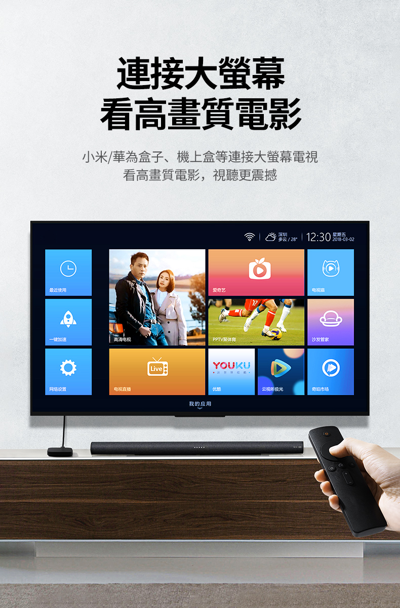 綠聯 HDMI傳輸線支援小米/華為盒子、機上盒連接電視大螢幕看高畫質電影