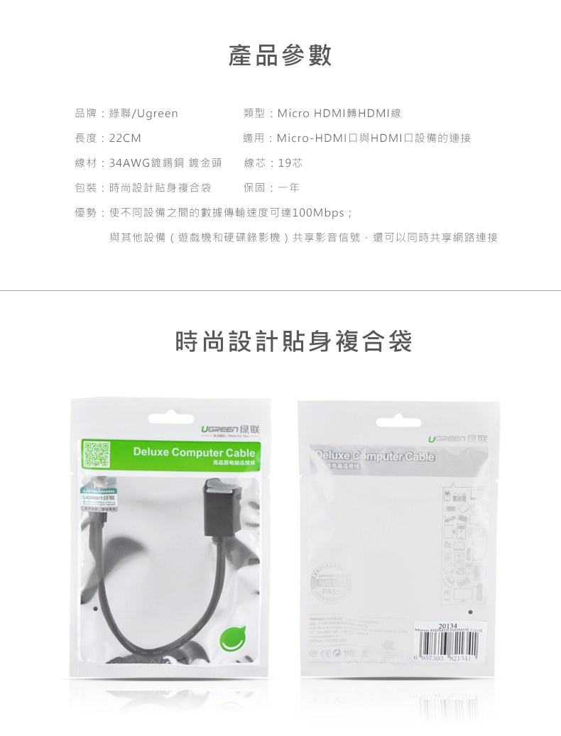 綠聯 22cm Micro HDMI轉HDMI傳輸線產品規格資訊及產品包裝展示